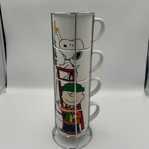 Peanuts Snoopy Charlie Brown Stacking Christmas Mug Set 4 Piece with Metal Rack